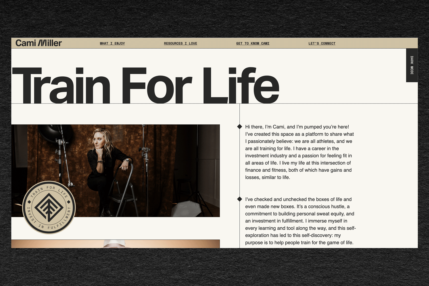 cami miller microsite and branding design gif that flashes light mode and dark mode that features photography headshot