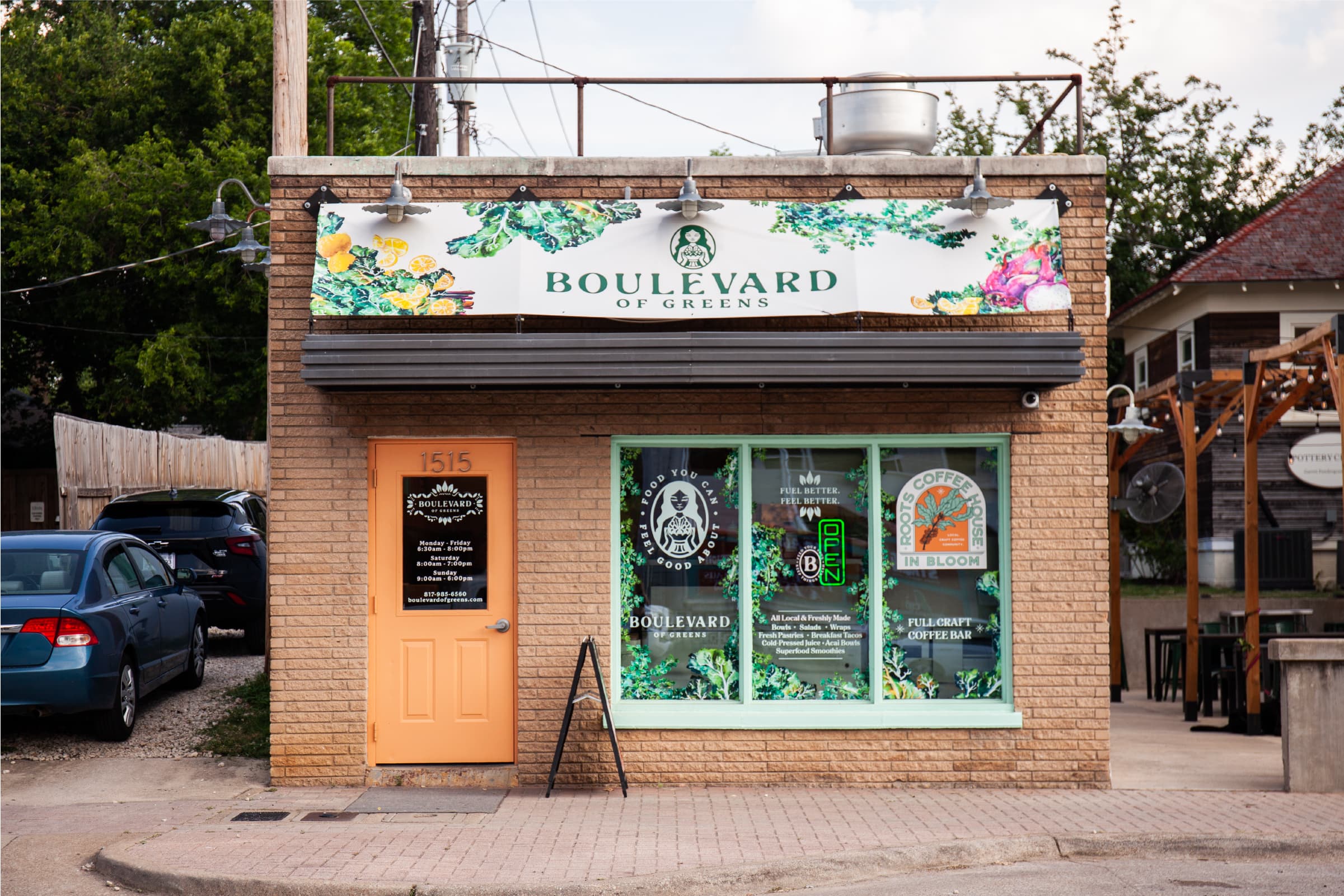 boulevard of greens storefront with branding signage vegan restaurant