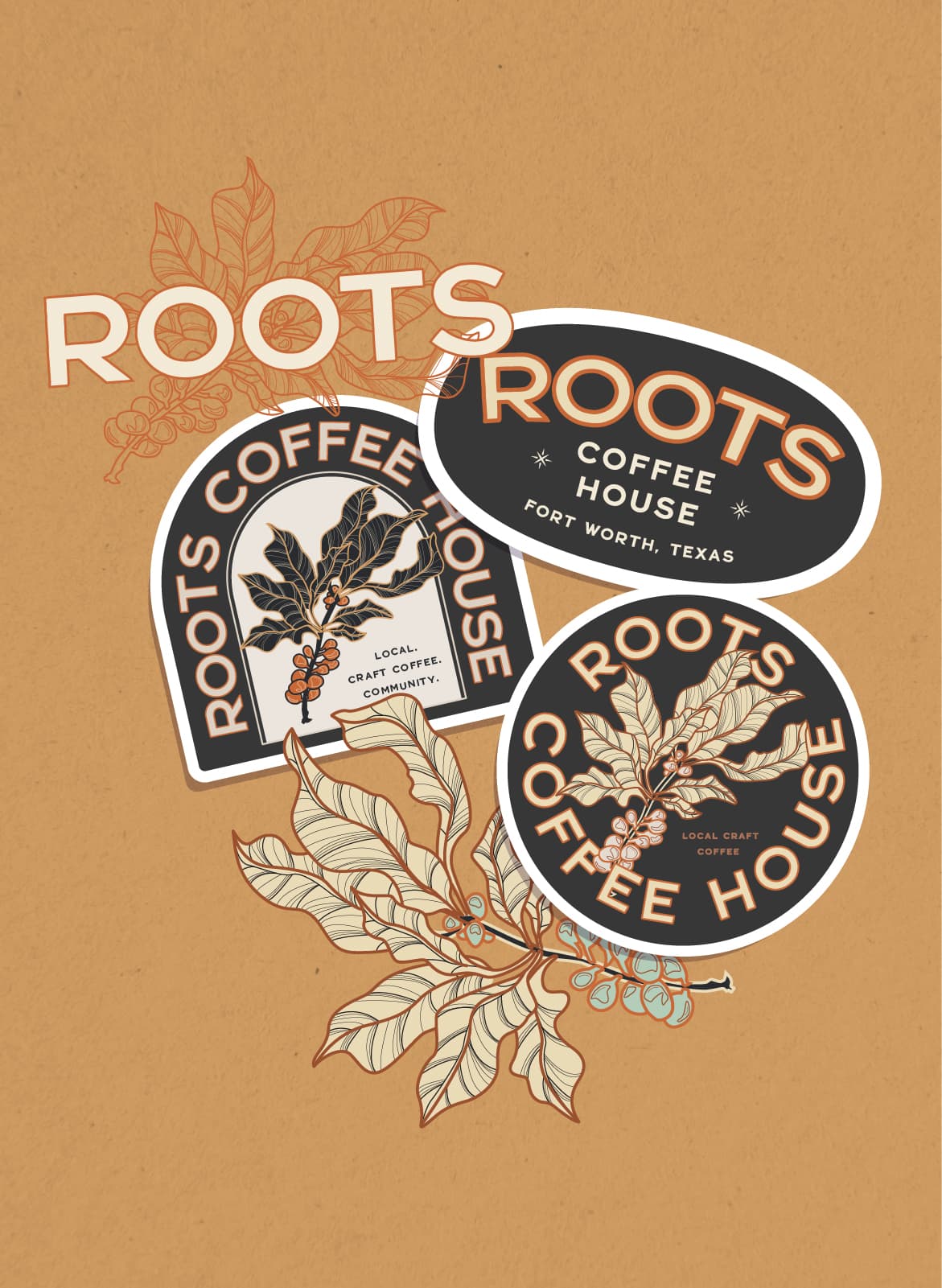 roots coffee house branding design digital sticker mockup