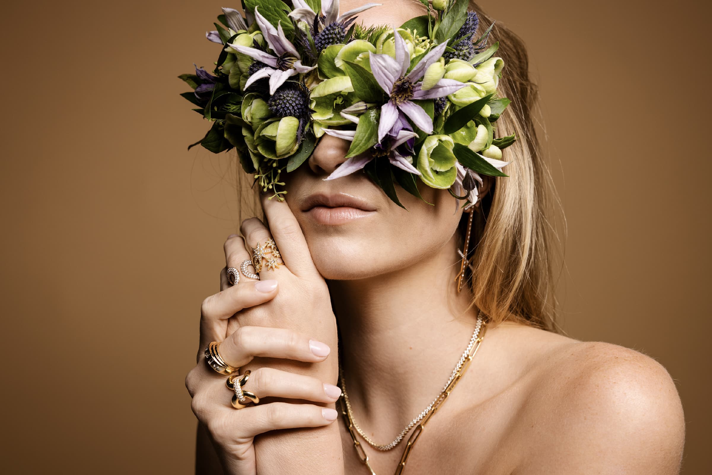 Jo Latham Jewelry Editorial Photoshoot flower mask