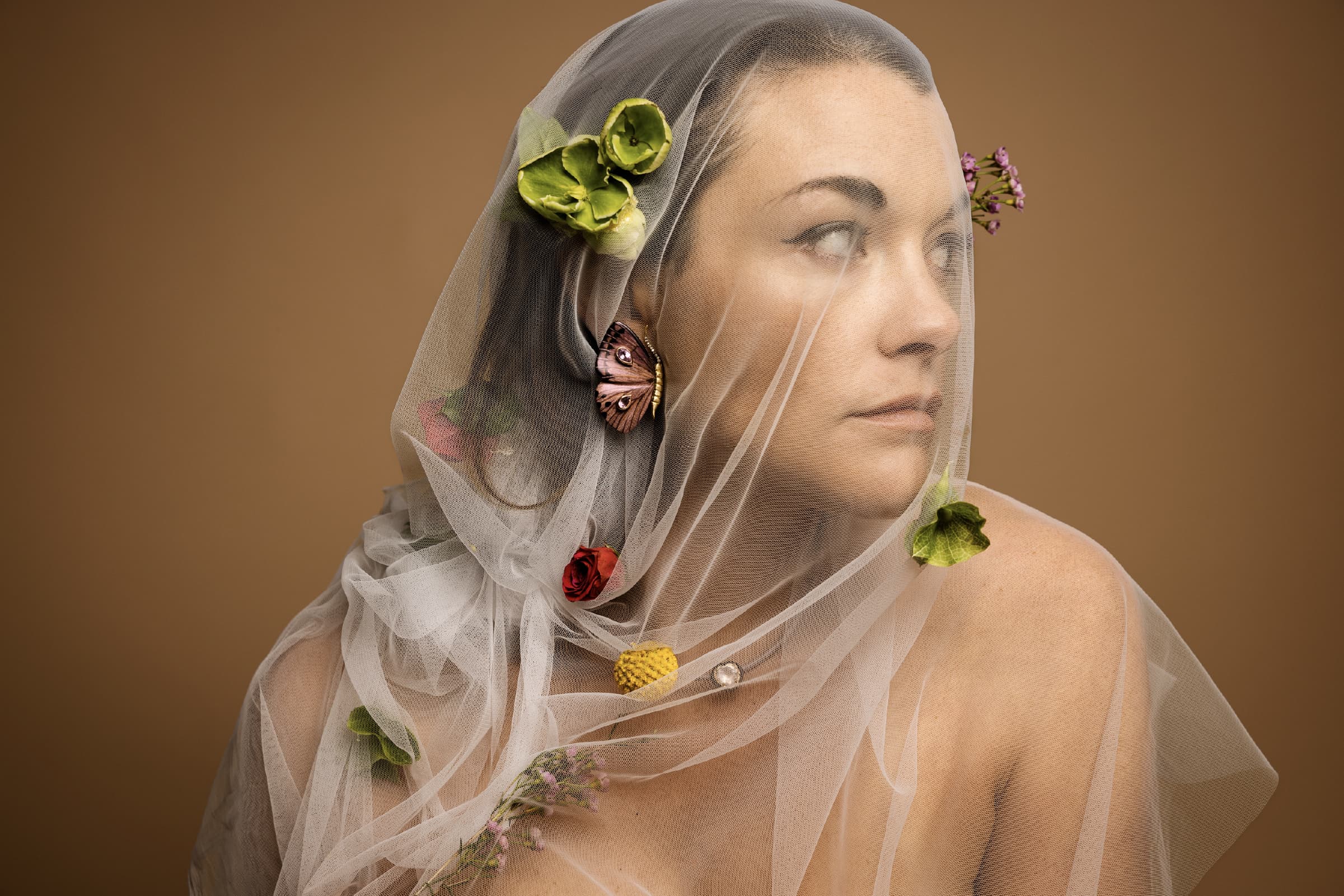 Jo Latham Jewelry Editorial Photoshoot flower veil