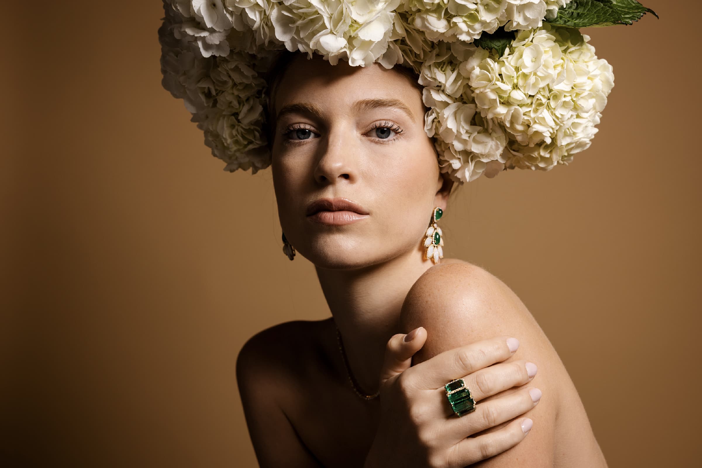 Jo Latham Jewelry Editorial Photoshoot hydrangea flower crown