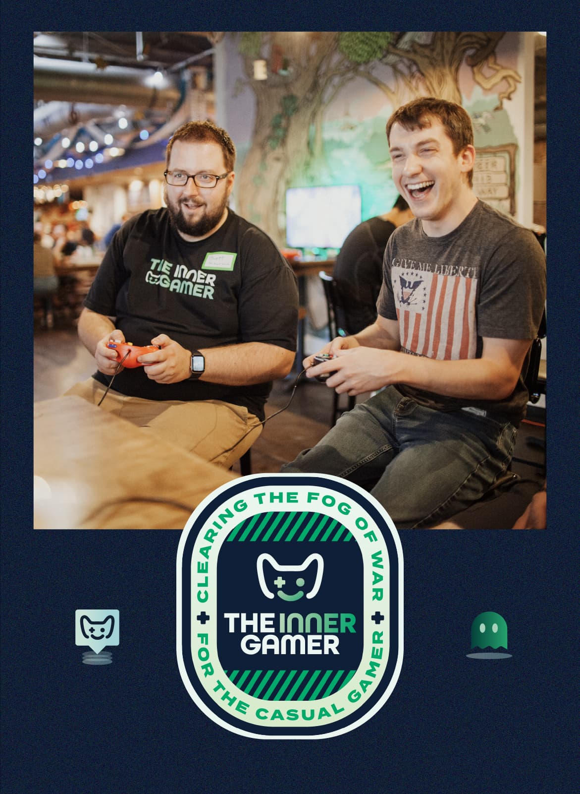 lifestyle image of two gamers playing a video game and one wearing an inner gamer shirt