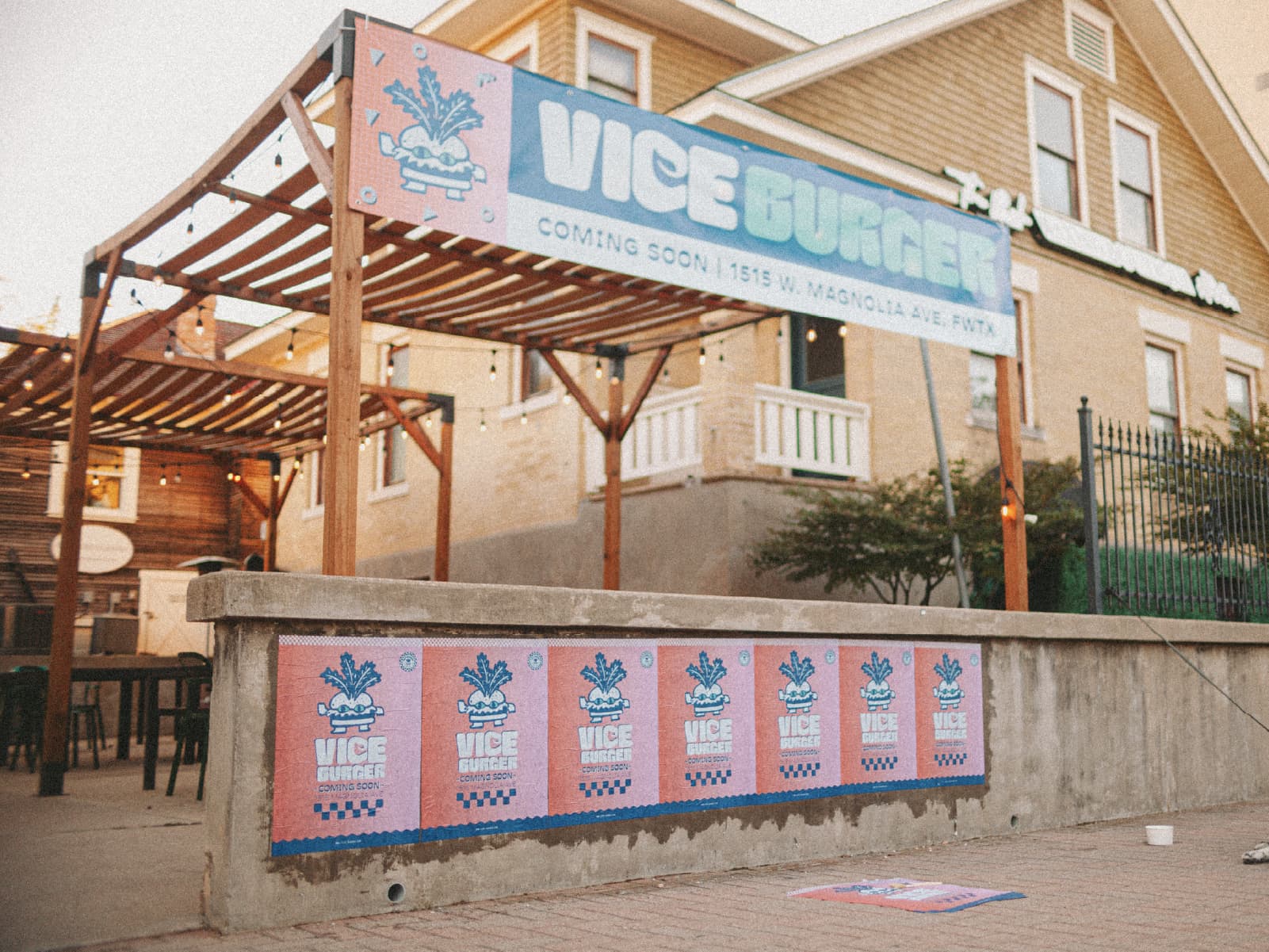 arts goggle debut for Vice Burger featuring wheatpasting posters and banner