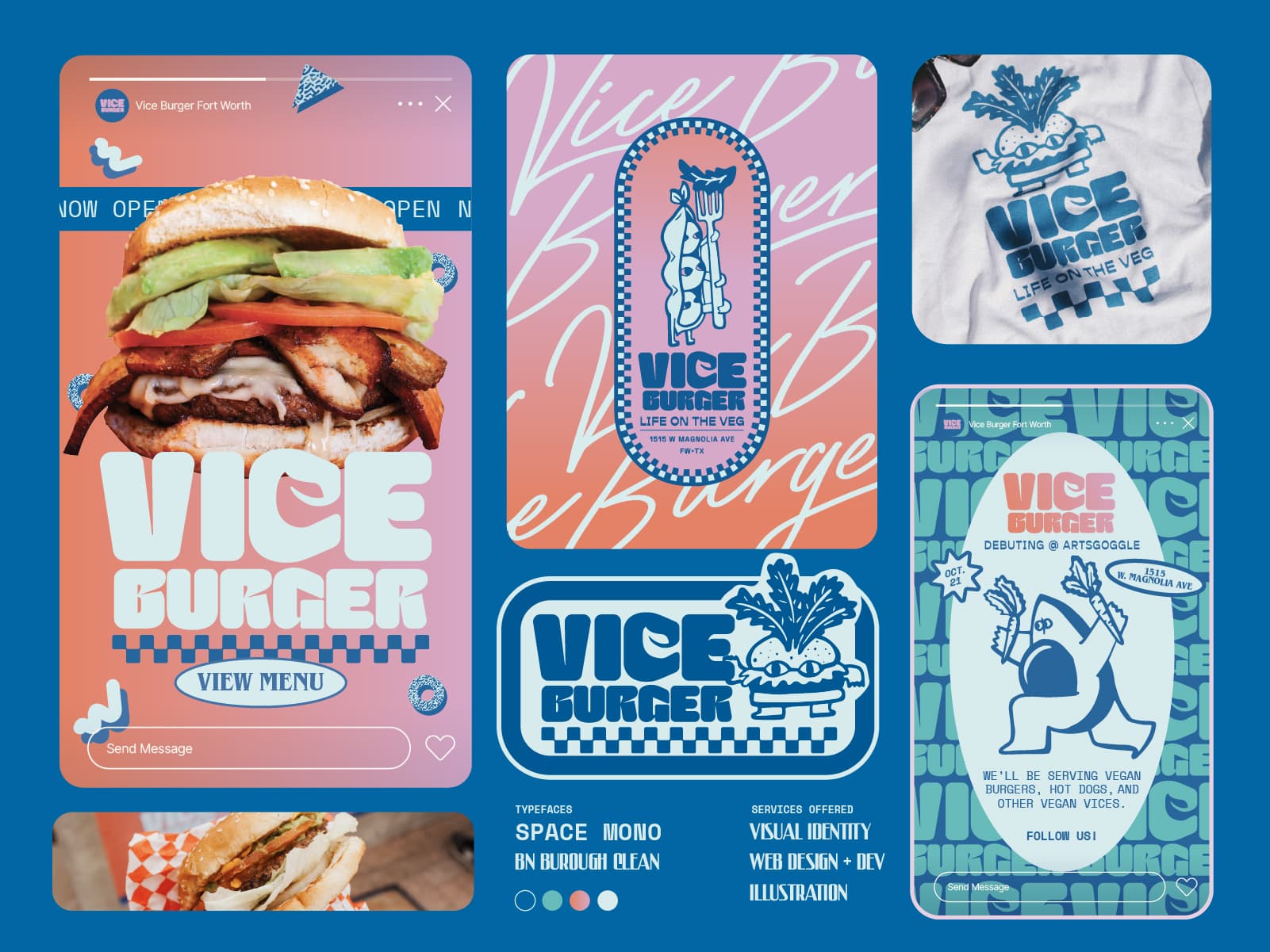 brand specimen for vice burger that includes highlights of the social media campaign, logo, supporting elements, fonts, colors, merchandise, branding and design