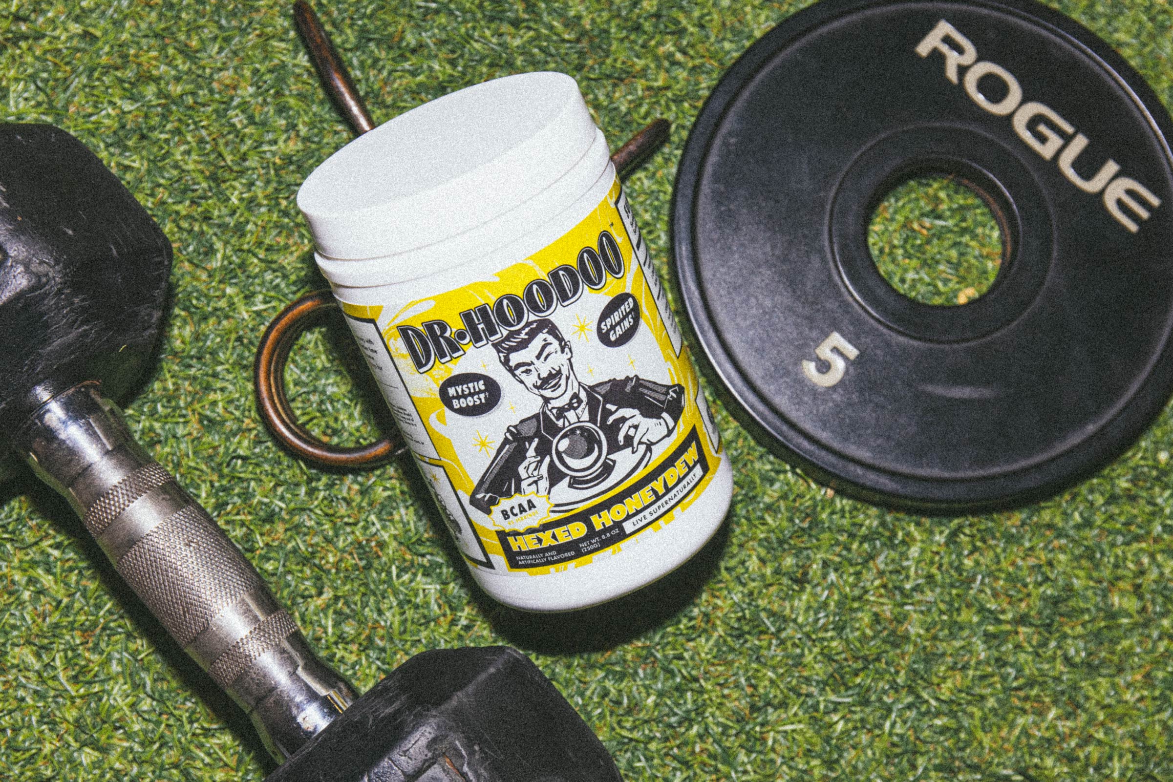 yellow packaging for dr hoodoo in a gym